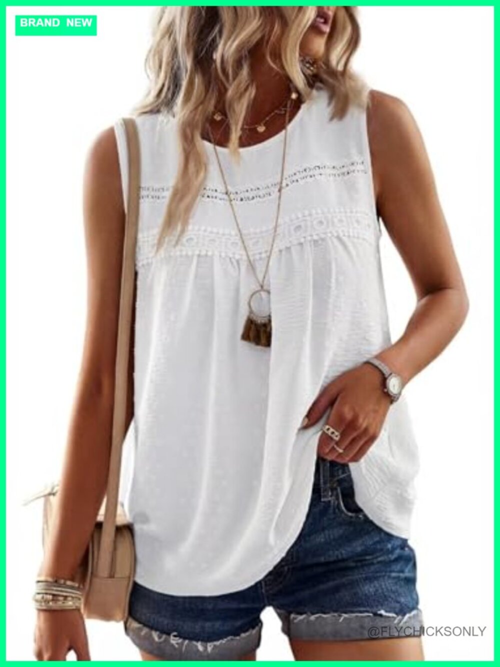 Sleeveless Crewneck Tank Top Lace Hem Boho Blouse Casual Flowy Summer Top